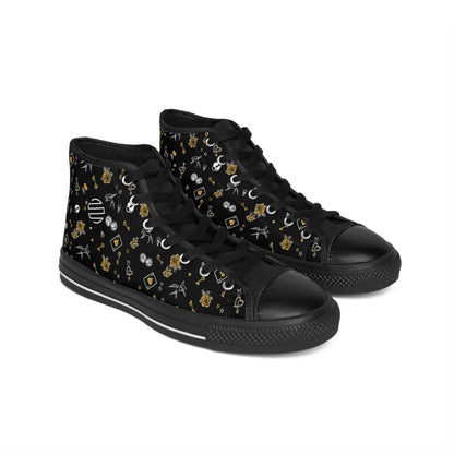 Game Of Love High-Top Sneakers — Black Floral Moon & Stars Pattern