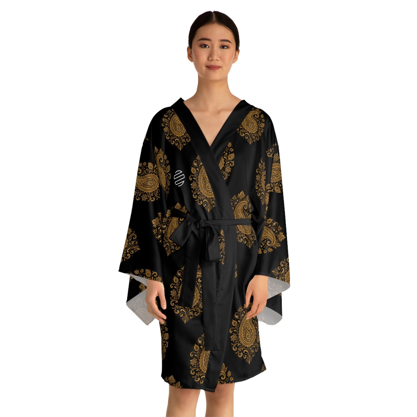 Black & Gold Paisley Kimono Robe - Long Sleeve Japanese Style Wrap