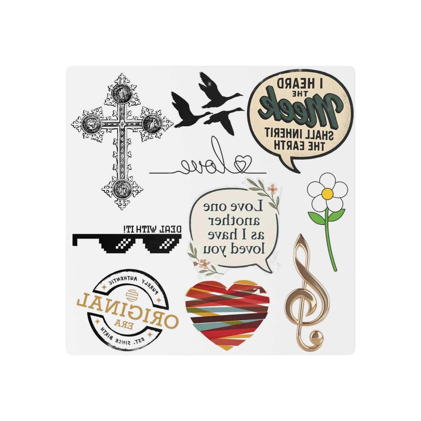 Temporary Tattoo Sheet — Inspirational Symbols: Cross, Heart, Treble Clef & Love Phrase