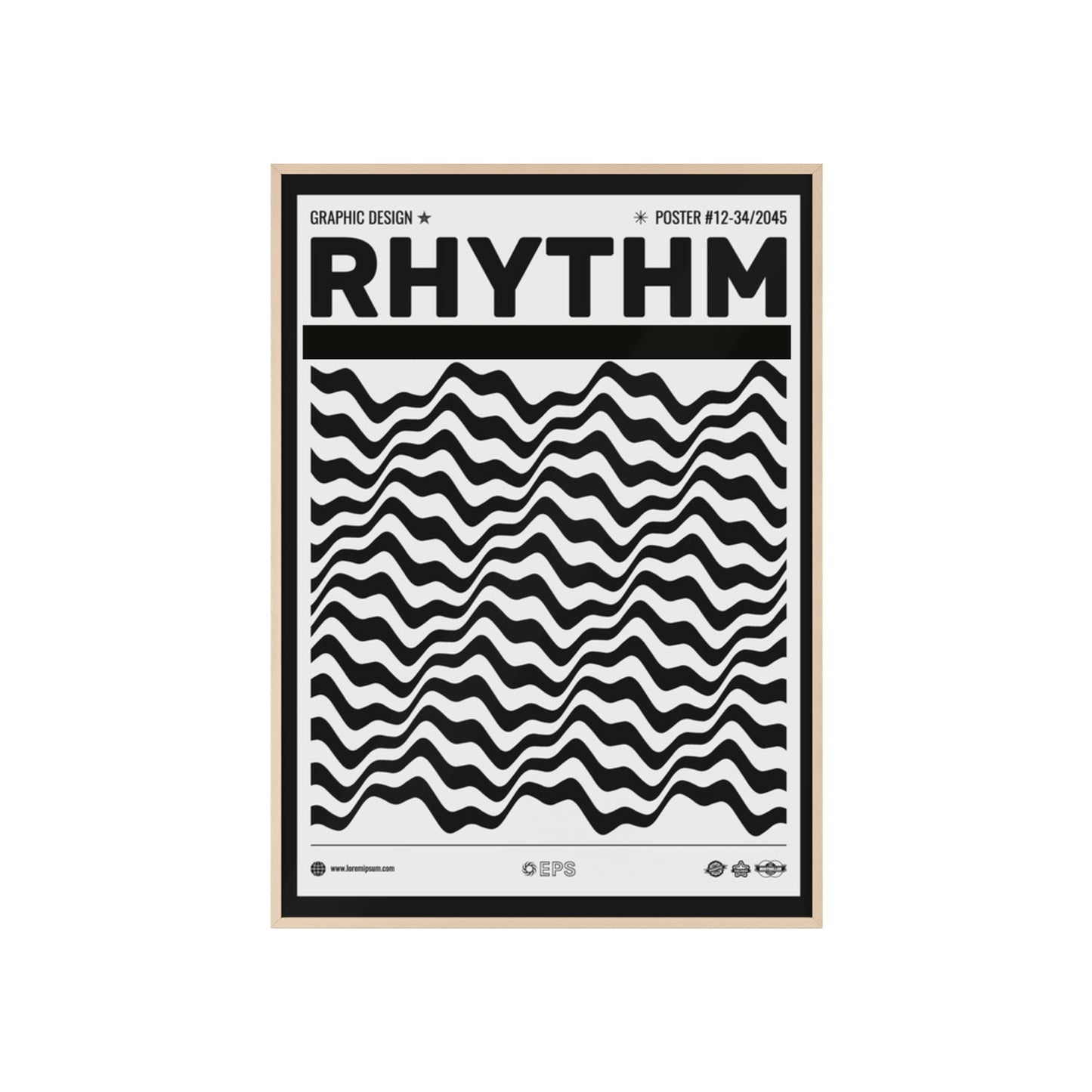 Rhythm Wave Art Poster with Wooden Frame — Black & White Modern Wall Print