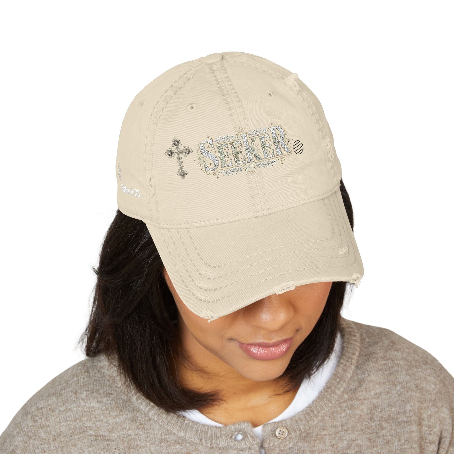 Seeker Embroidered Distressed Dad Hat — Vintage Faith Baseball Cap
