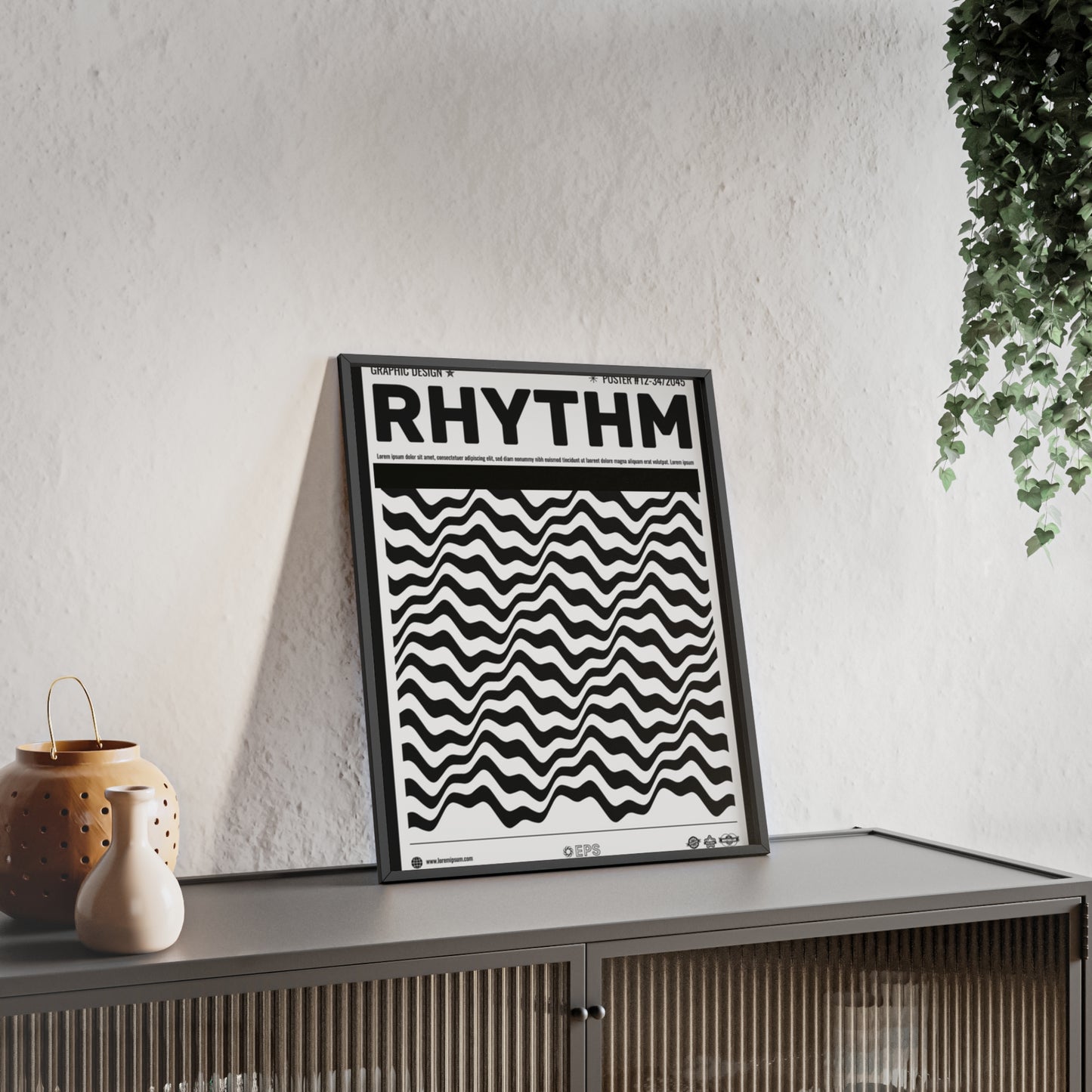 Rhythm Wave Art Poster with Wooden Frame — Black & White Modern Wall Print