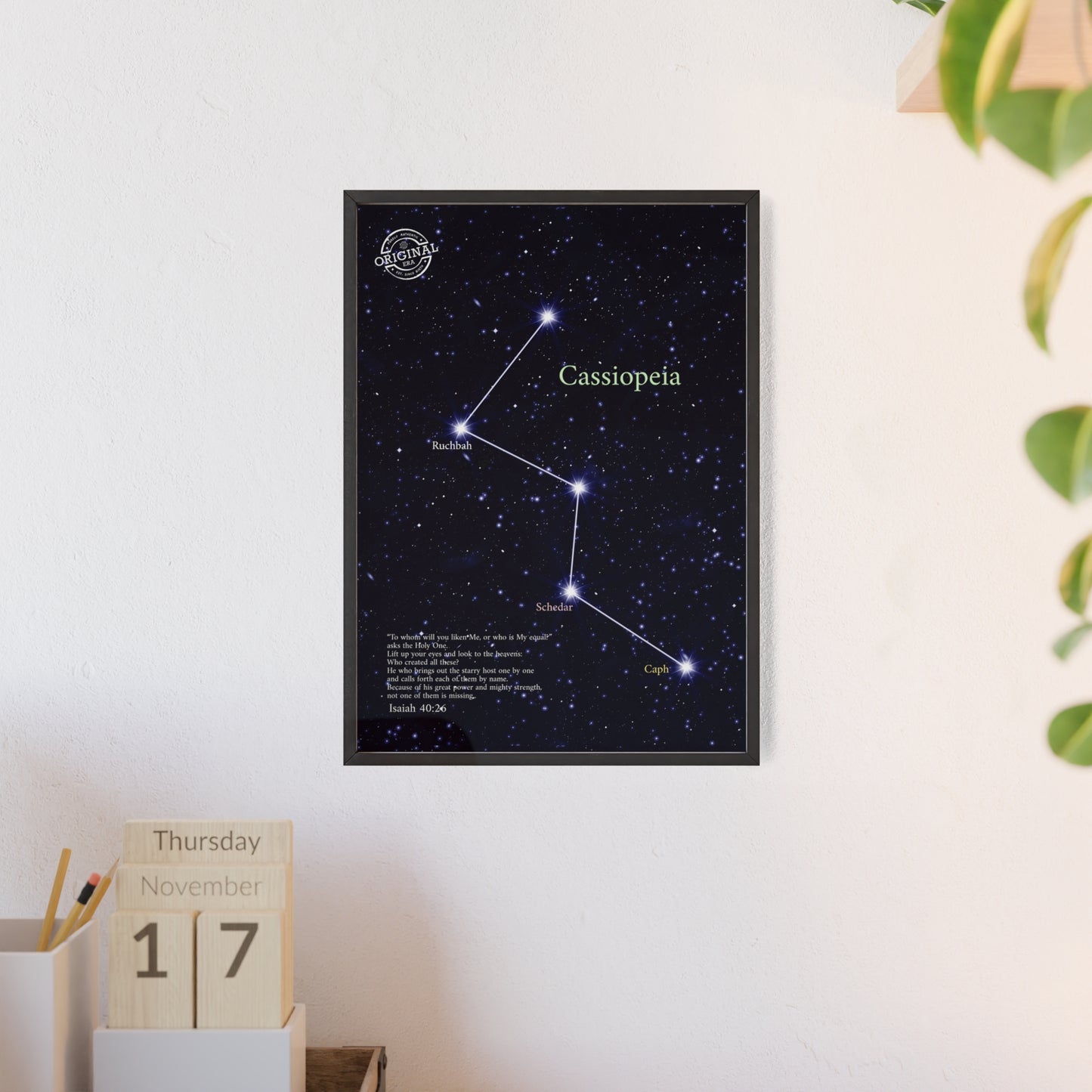 Cassiopeia Constellation Poster with Wooden Frame — Star Map Wall Art