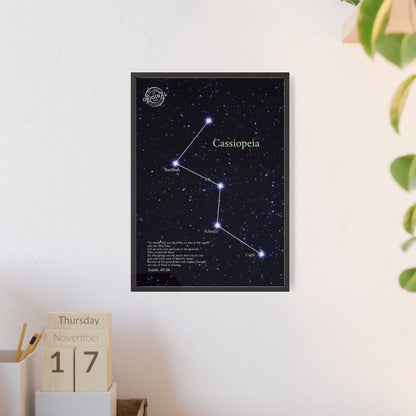 Cassiopeia Constellation Poster with Wooden Frame — Star Map Wall Art