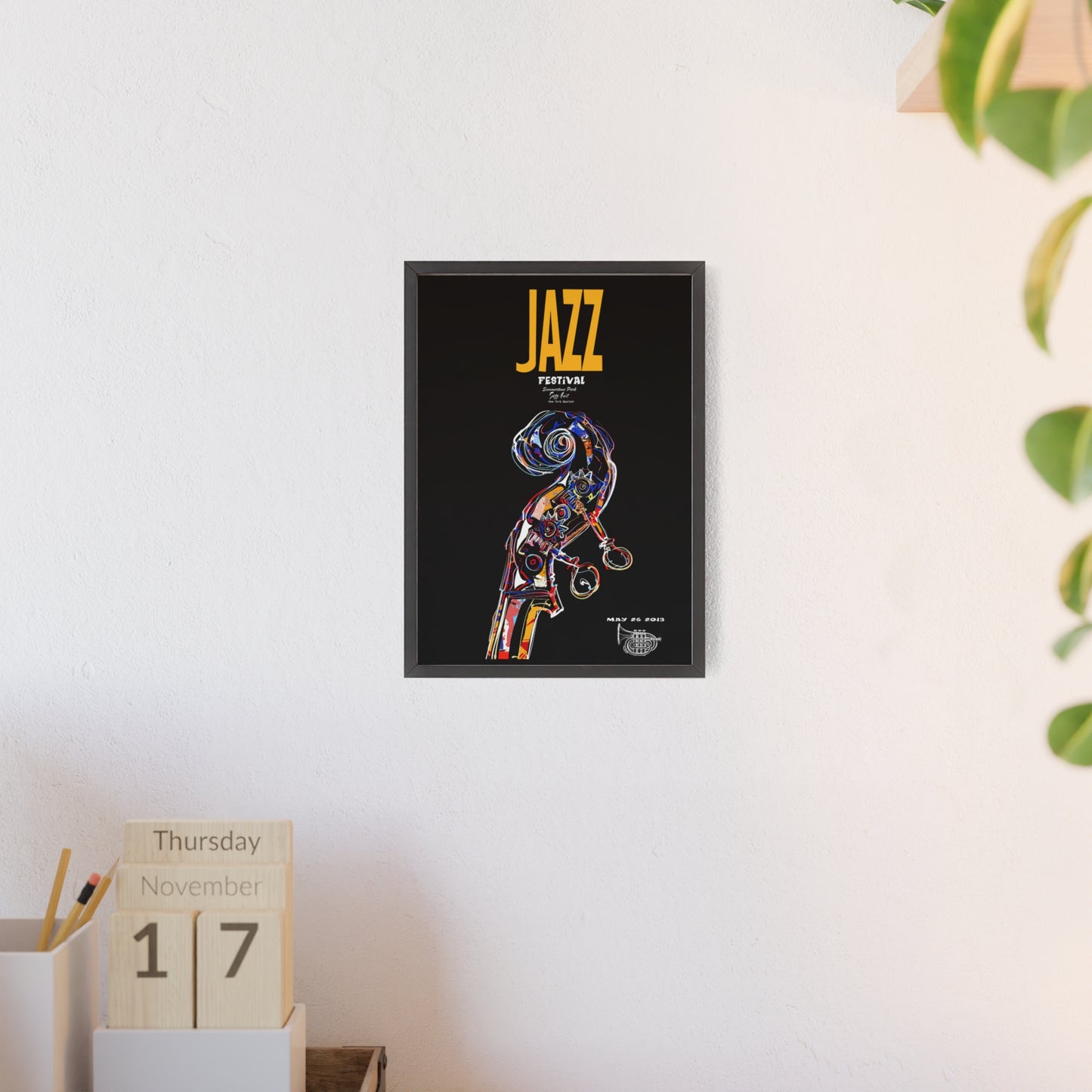 Jazz Festival Poster with Wooden Frame — Colorful Double Bass Art Print