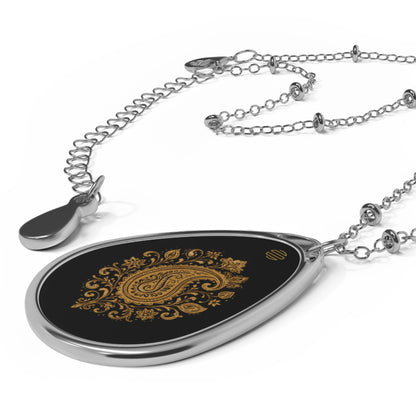 Gold Motif on Black Teardrop - Oval Pendant Necklace