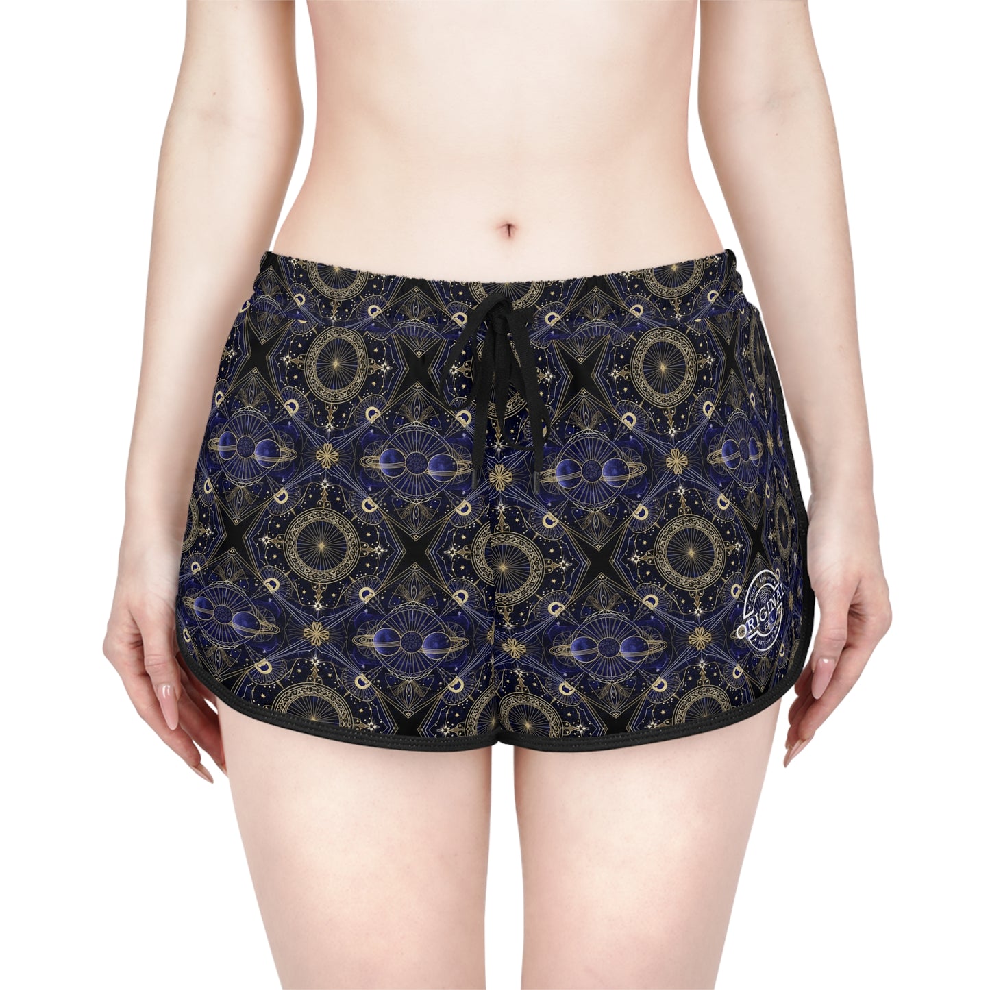 Boho Mosaic Women's Relaxed Shorts — Navy Gold Patterned Lounge & Festival Swim Cover-Up