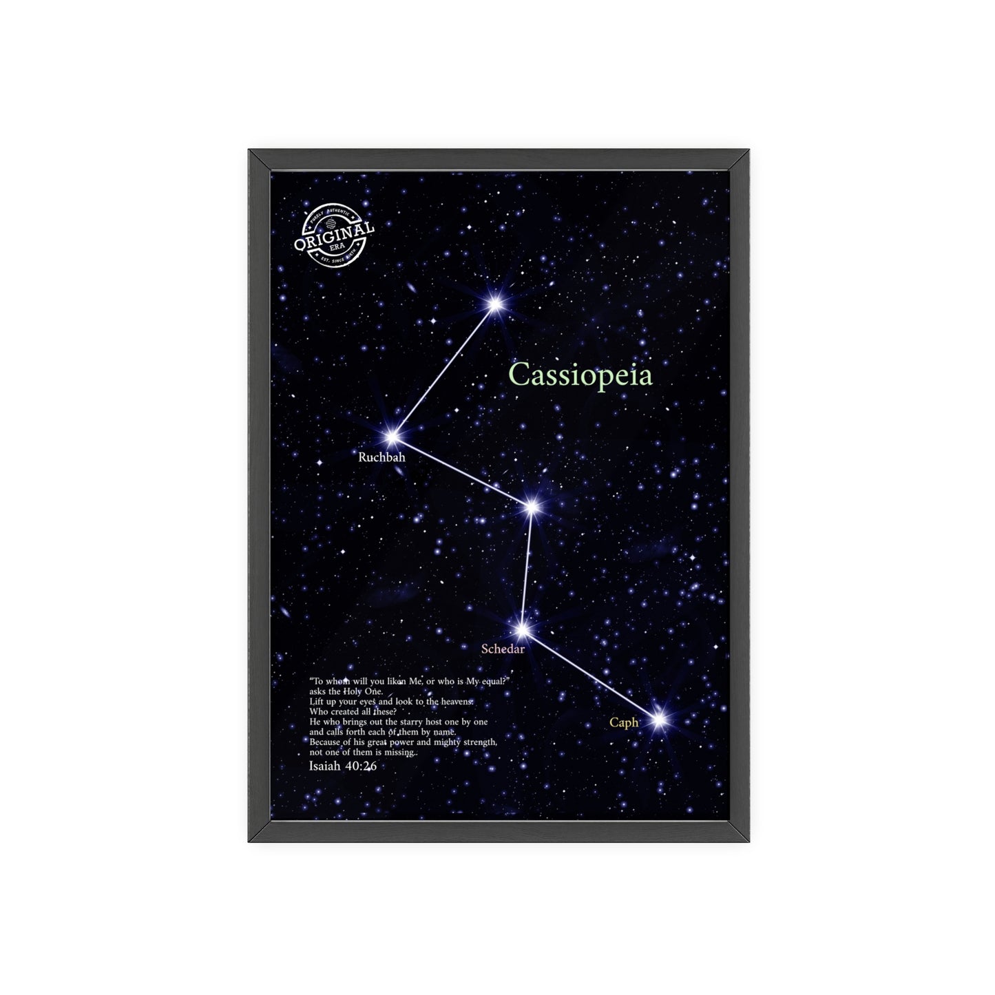 Cassiopeia Constellation Poster with Wooden Frame — Star Map Wall Art