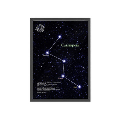 Cassiopeia Constellation Poster with Wooden Frame — Star Map Wall Art