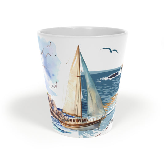 Sailboat & Lighthouse Latte Mug — 12oz Coastal Nautical Coffee Cup