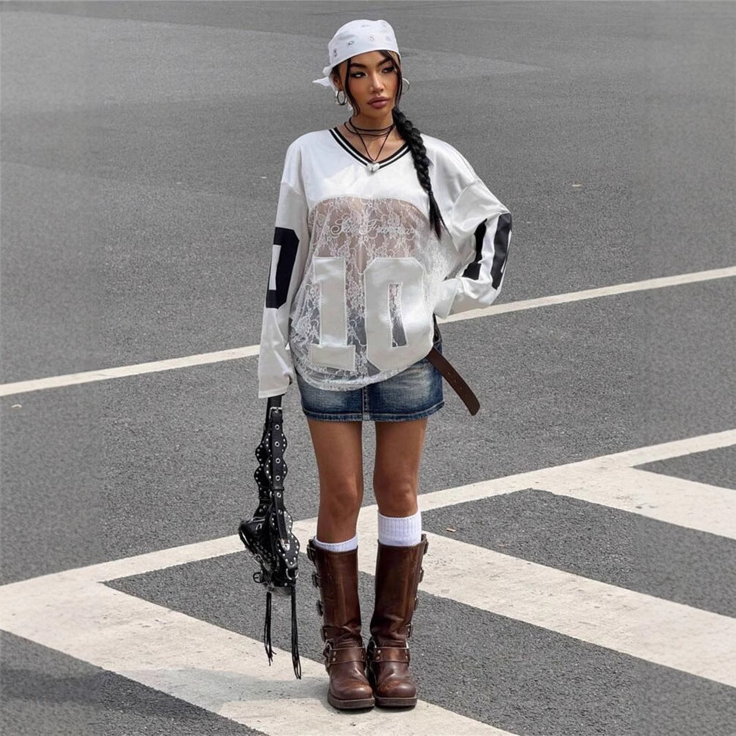 Women's Loose Lace See Through V-neck Jersey