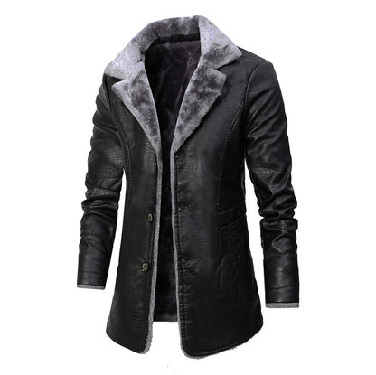 Men's Plush Lapel Leather Fleece Coat