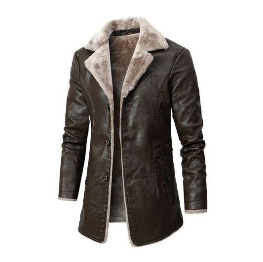 Men's Plush Lapel Leather Fleece Coat