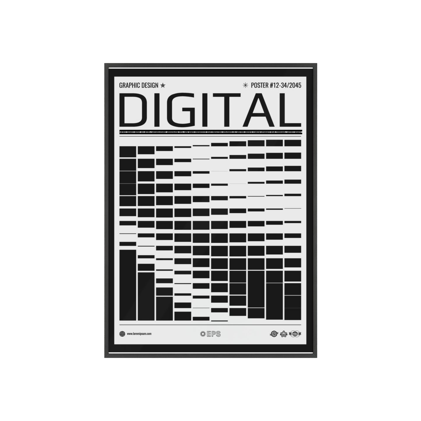 Digital Grid Poster with Wooden Frame — Modern Black & White Wall Art