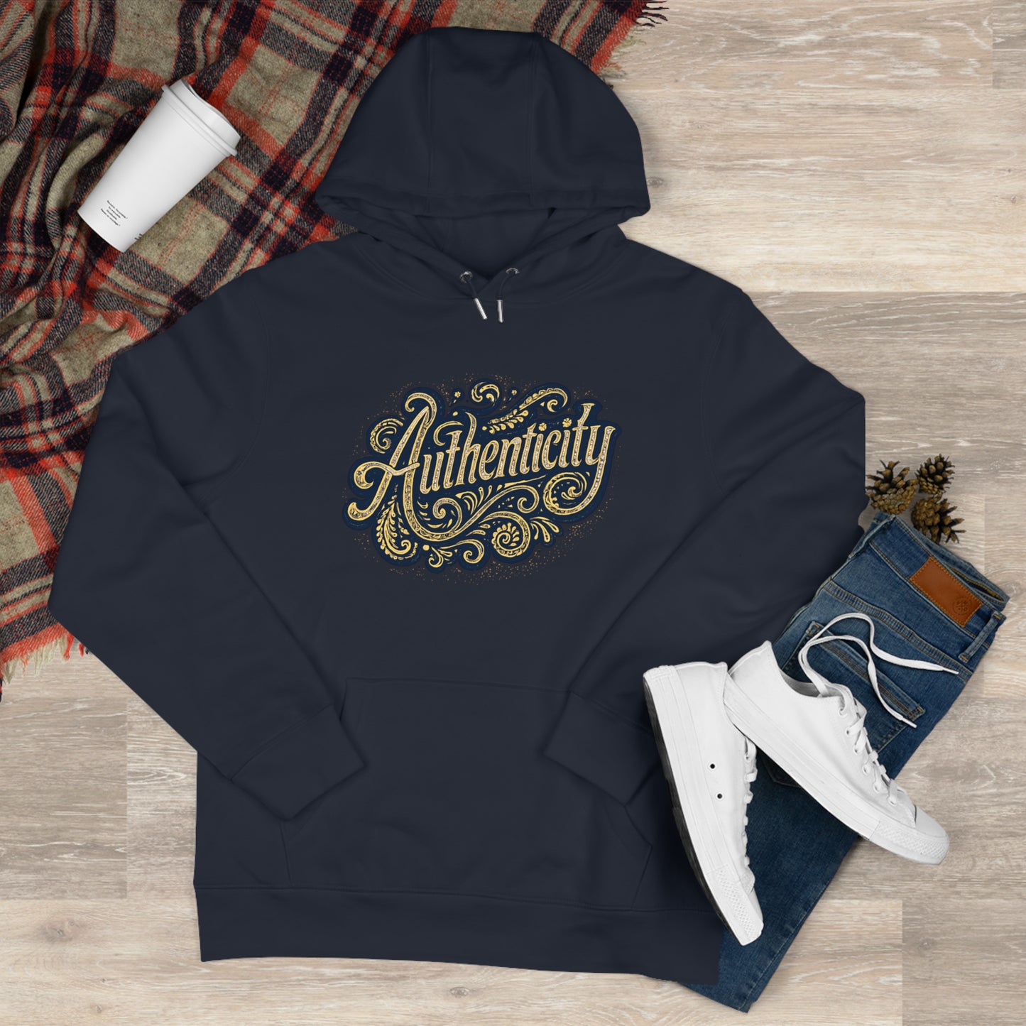 Authenticity Script Hoodie — 'Authenticity' Vintage Ornate Graphic Hooded Sweatshirt