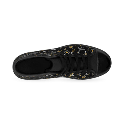 Women's Game Of Love Black Floral Pattern High-Top Sneakers — Gold & White