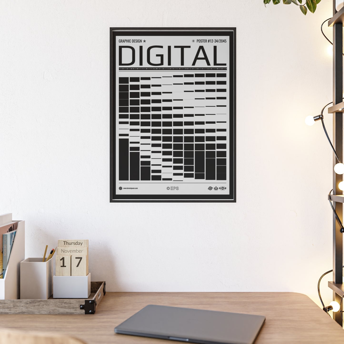 Digital Grid Poster with Wooden Frame — Modern Black & White Wall Art
