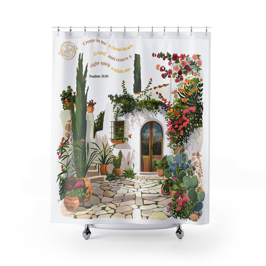 Mediterranean Garden Shower Curtain - Psalm 51:10 Bible Verse