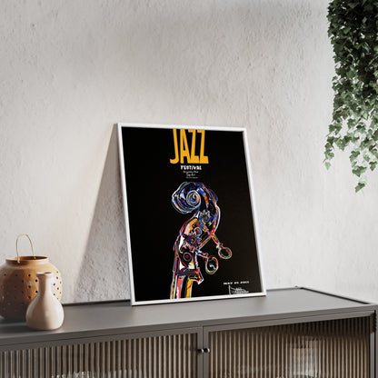 Jazz Festival Poster with Wooden Frame — Colorful Double Bass Art Print