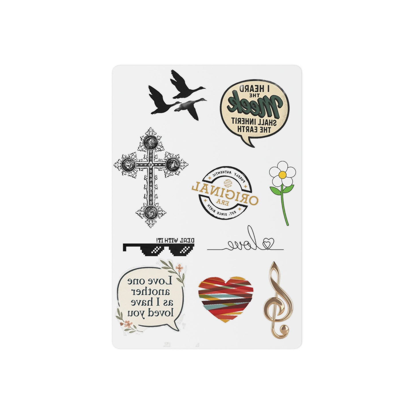 Temporary Tattoo Sheet — Inspirational Symbols: Cross, Heart, Treble Clef & Love Phrase