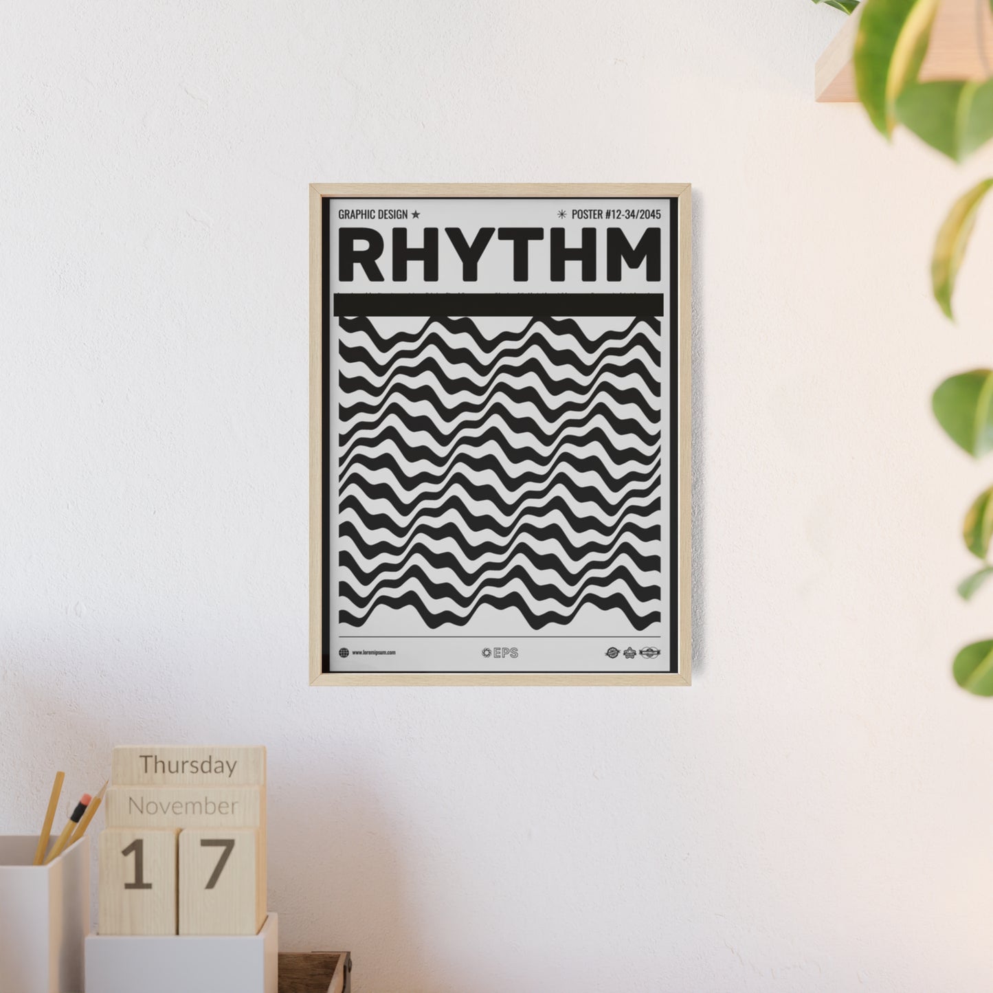 Rhythm Wave Art Poster with Wooden Frame — Black & White Modern Wall Print