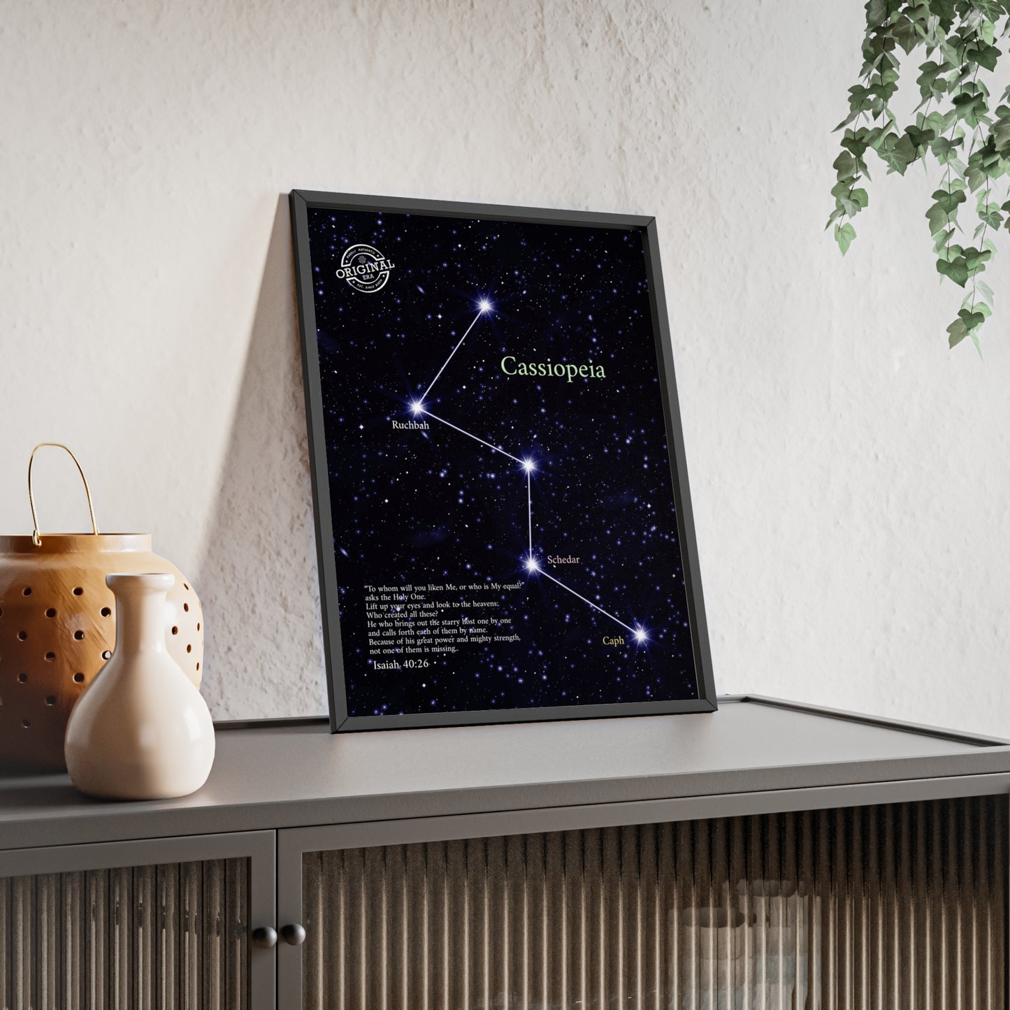 Cassiopeia Constellation Poster with Wooden Frame — Star Map Wall Art
