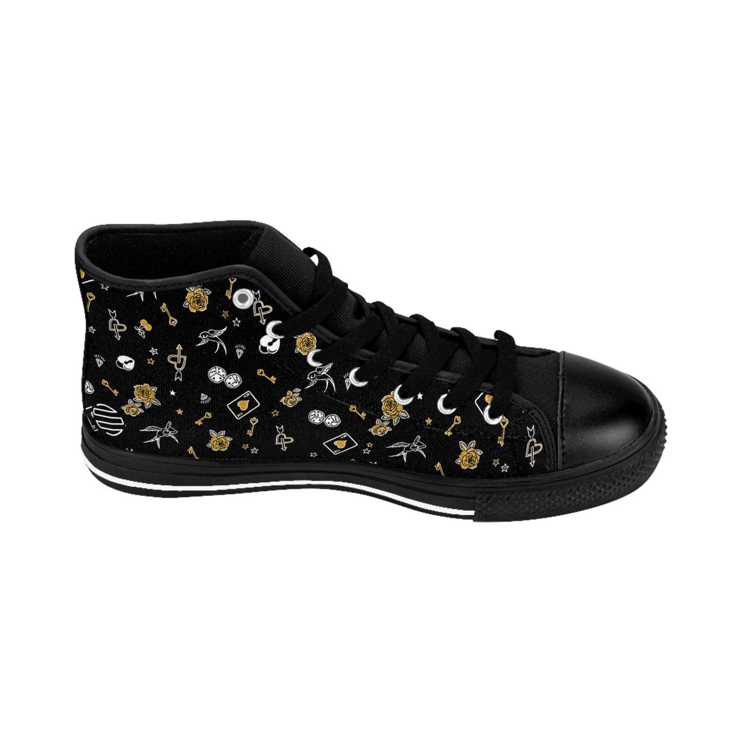 Game Of Love High-Top Sneakers — Black Floral Moon & Stars Pattern