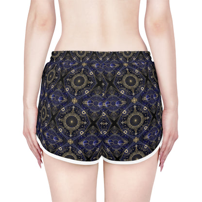 Boho Mosaic Women's Relaxed Shorts — Navy Gold Patterned Lounge & Festival Swim Cover-Up