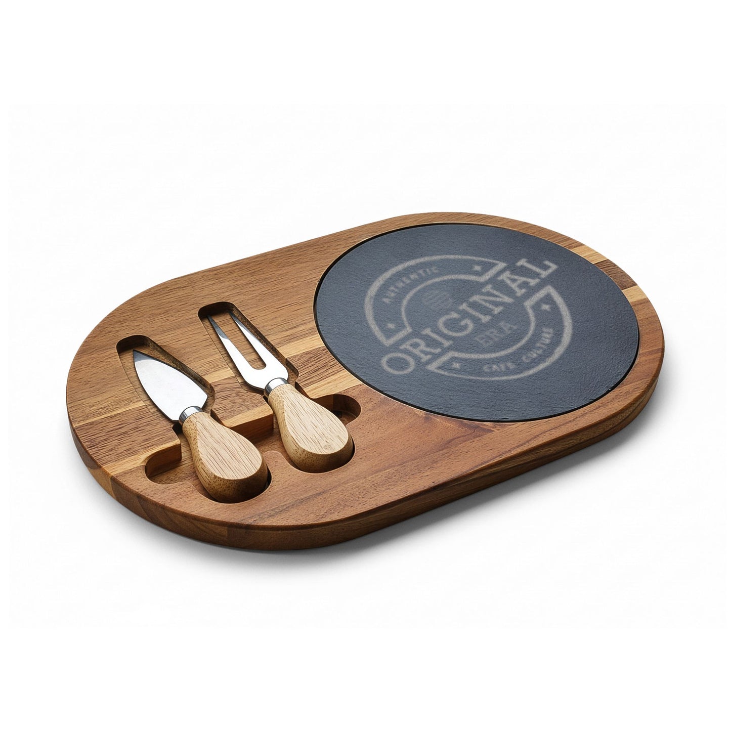 Cafe Culture Engraved Acacia Charcuterie Board with Slate Insert & Cheese Knives