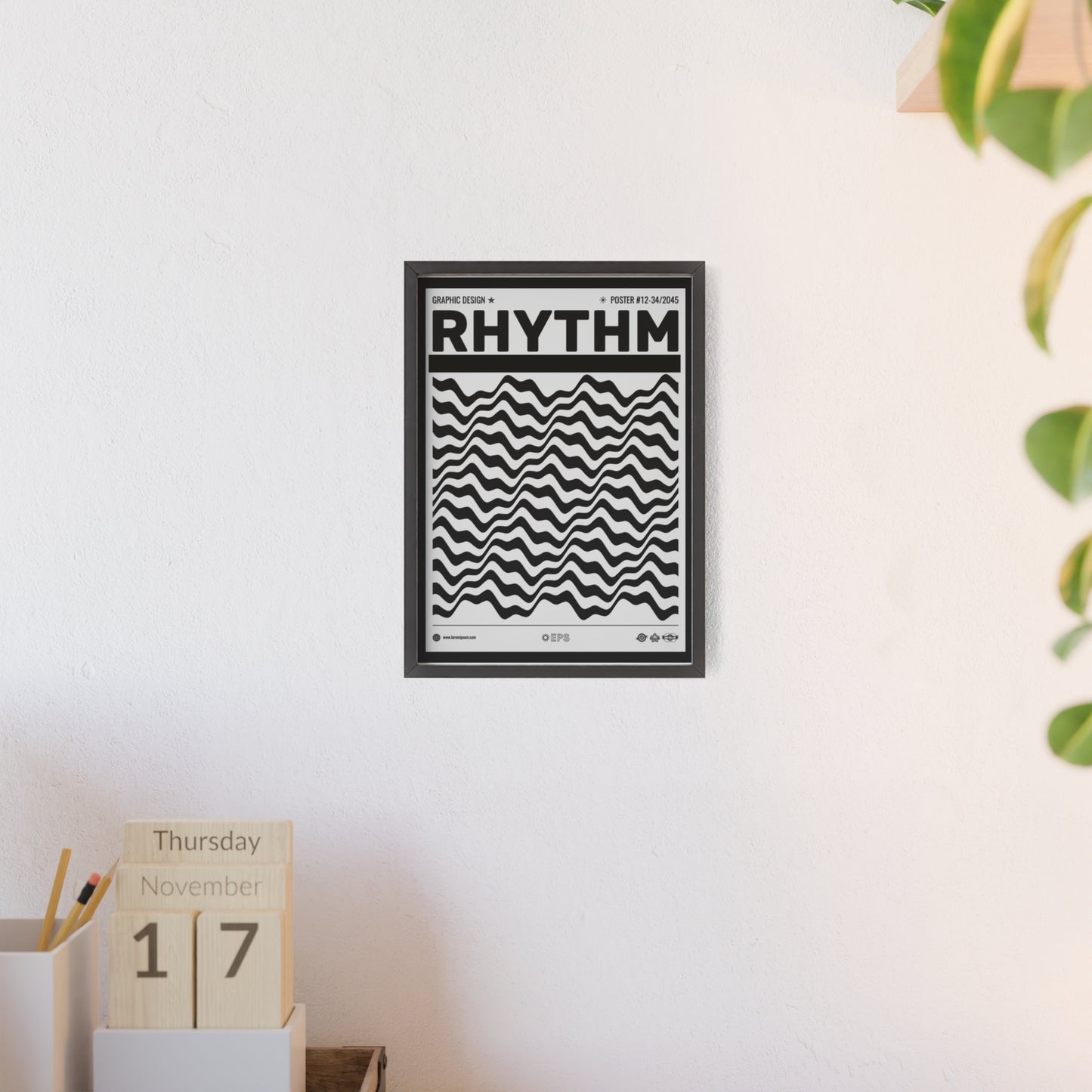 Rhythm Wave Art Poster with Wooden Frame — Black & White Modern Wall Print