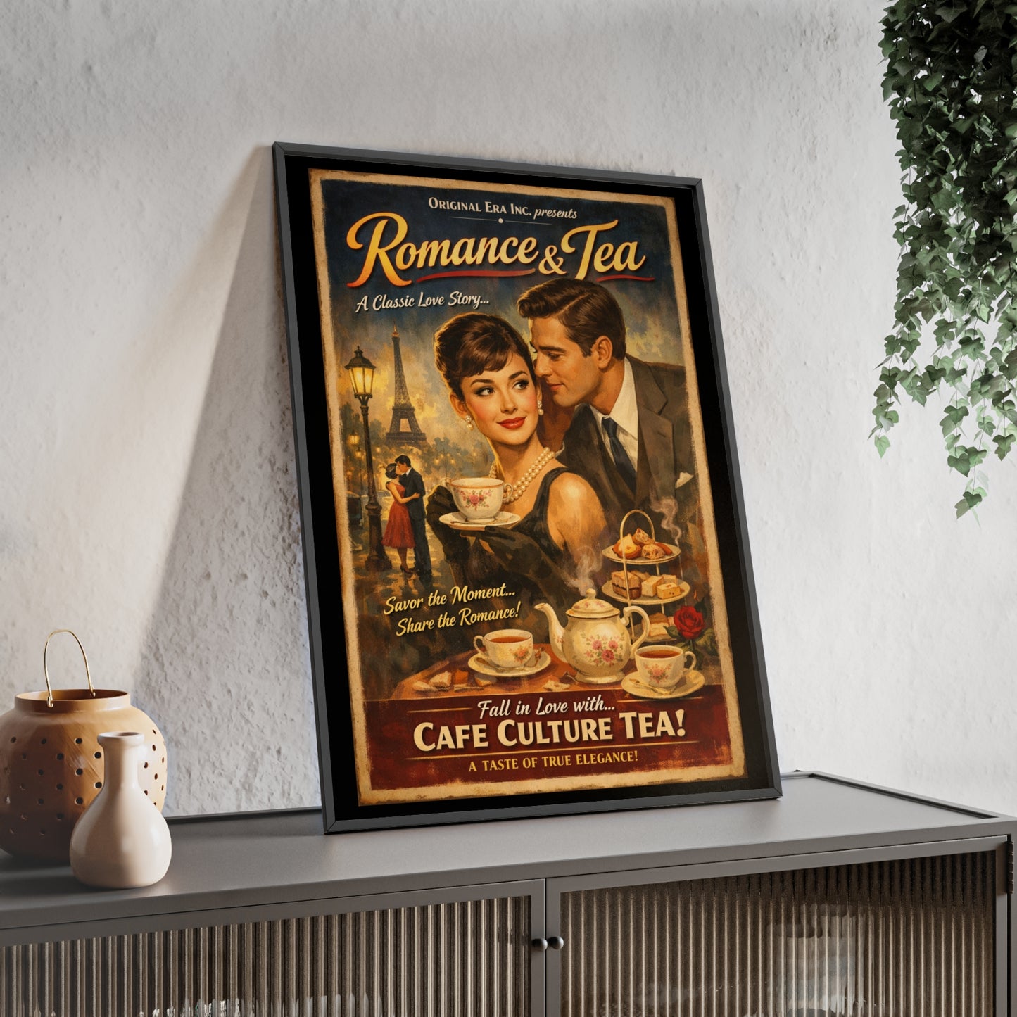 Romance & Tea Vintage Cafe Poster — Framed Wall Art