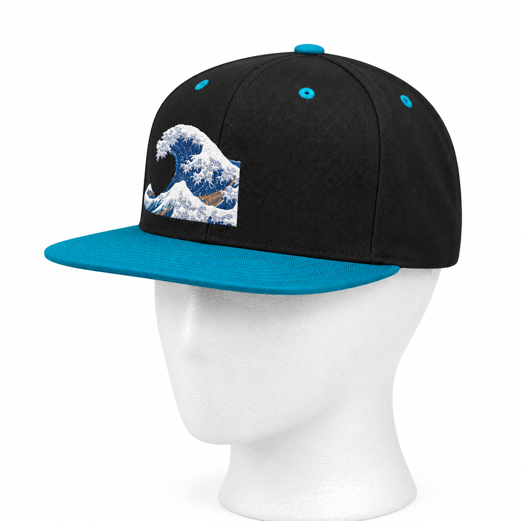 Snapback Hat — Blue Wave Japanese Art Flat-Bill Cap