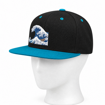 Snapback Hat — Blue Wave Japanese Art Flat-Bill Cap