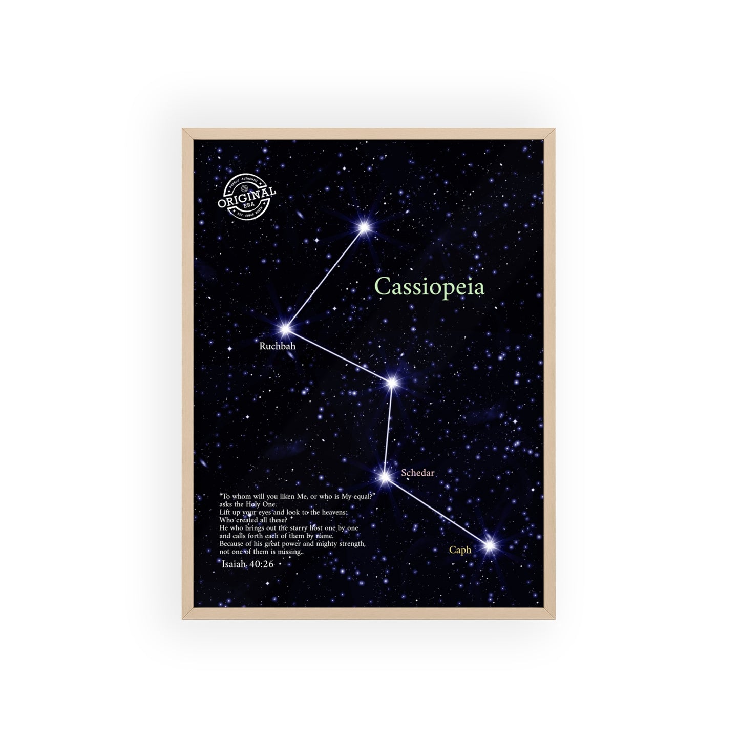 Cassiopeia Constellation Poster with Wooden Frame — Star Map Wall Art