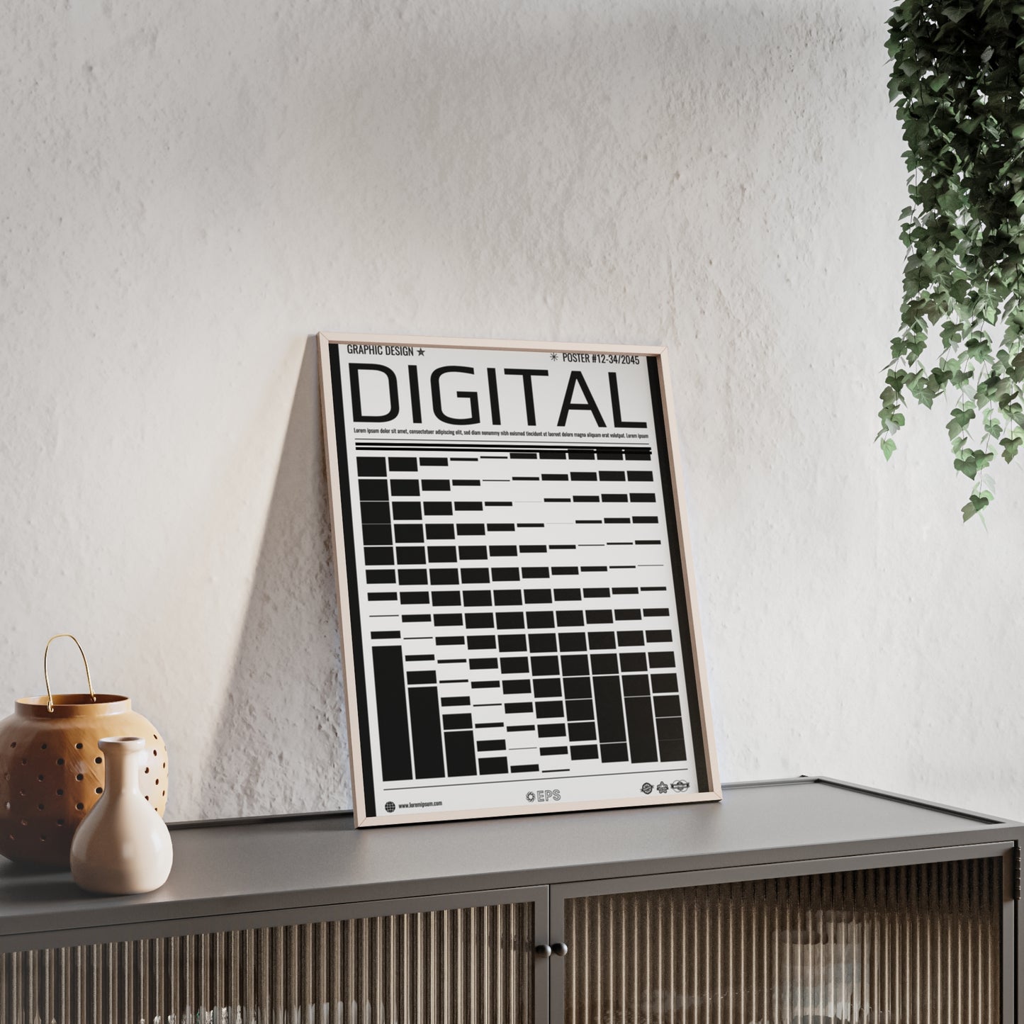 Digital Grid Poster with Wooden Frame — Modern Black & White Wall Art