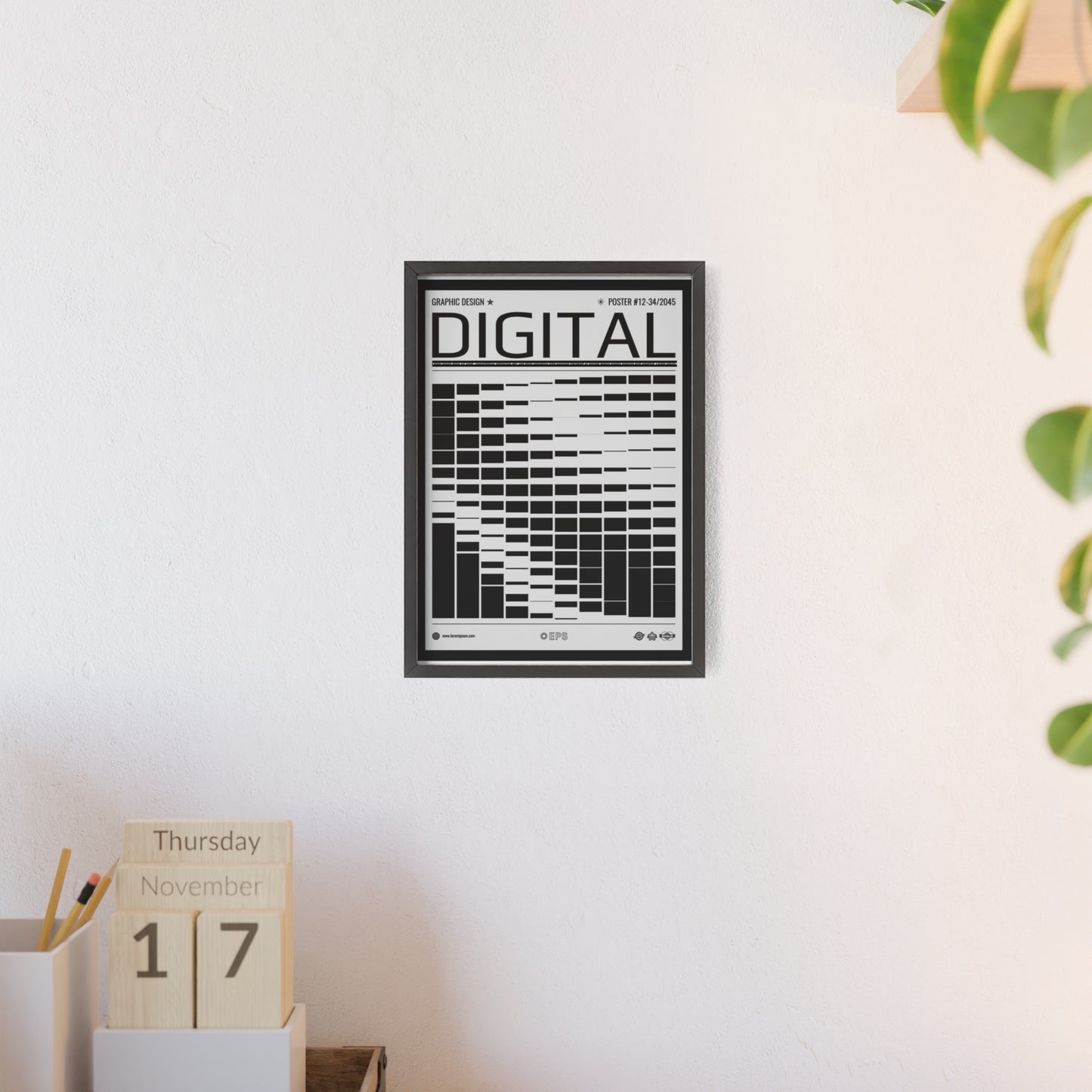 Digital Grid Poster with Wooden Frame — Modern Black & White Wall Art