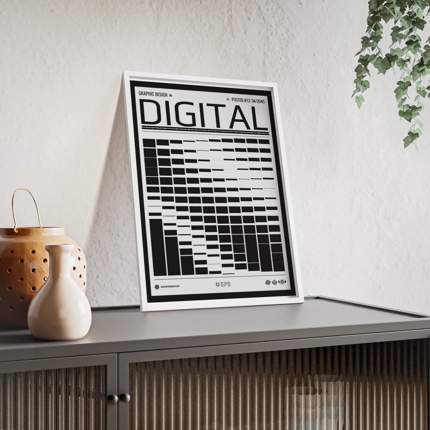 Digital Grid Poster with Wooden Frame — Modern Black & White Wall Art