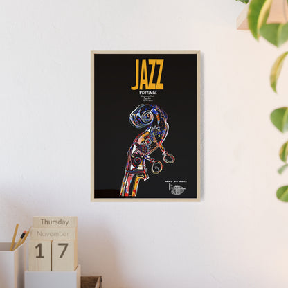 Jazz Festival Poster with Wooden Frame — Colorful Double Bass Art Print