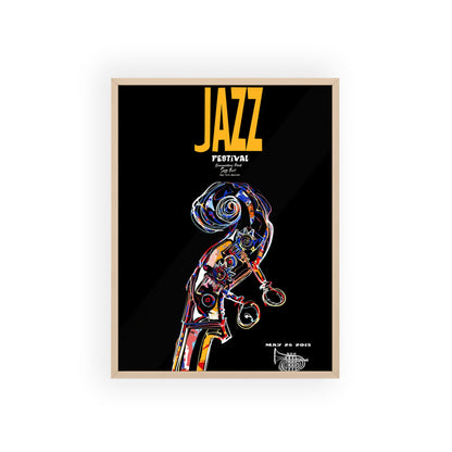 Jazz Festival Poster with Wooden Frame — Colorful Double Bass Art Print