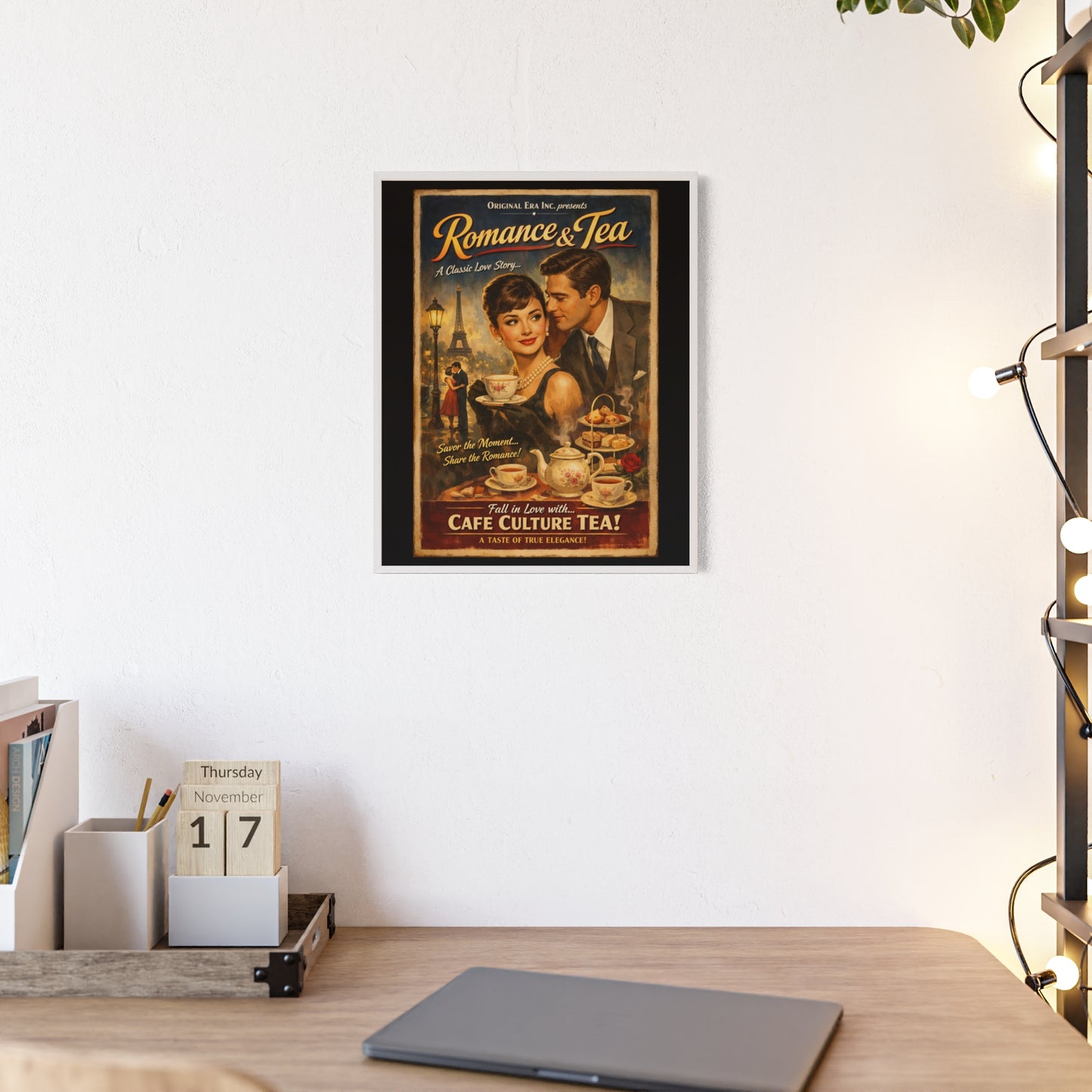Romance & Tea Vintage Cafe Poster — Framed Wall Art