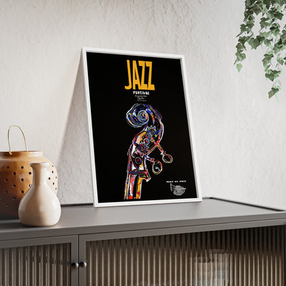 Jazz Festival Poster with Wooden Frame — Colorful Double Bass Art Print
