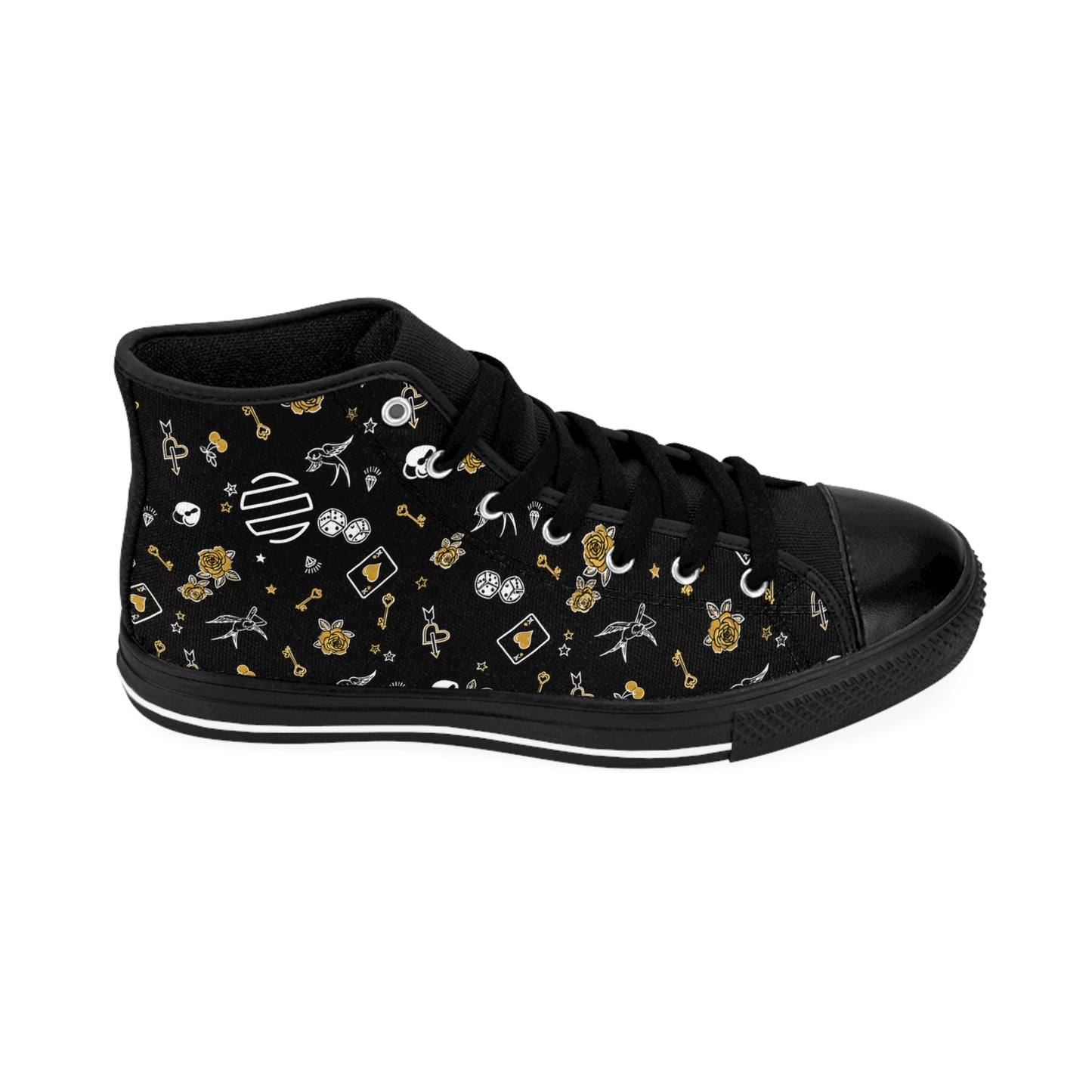 Women's Game Of Love Black Floral Pattern High-Top Sneakers — Gold & White