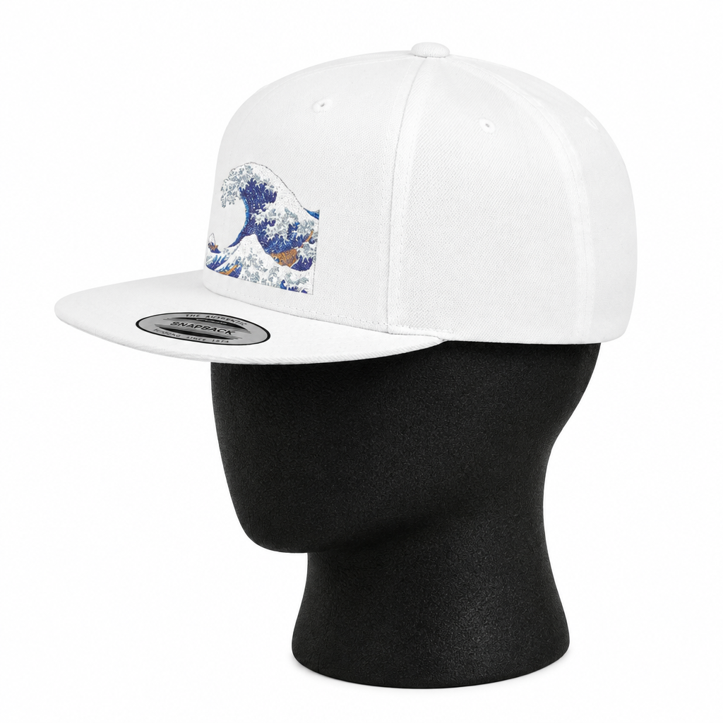Snapback Hat — Blue Wave Japanese Art Flat-Bill Cap