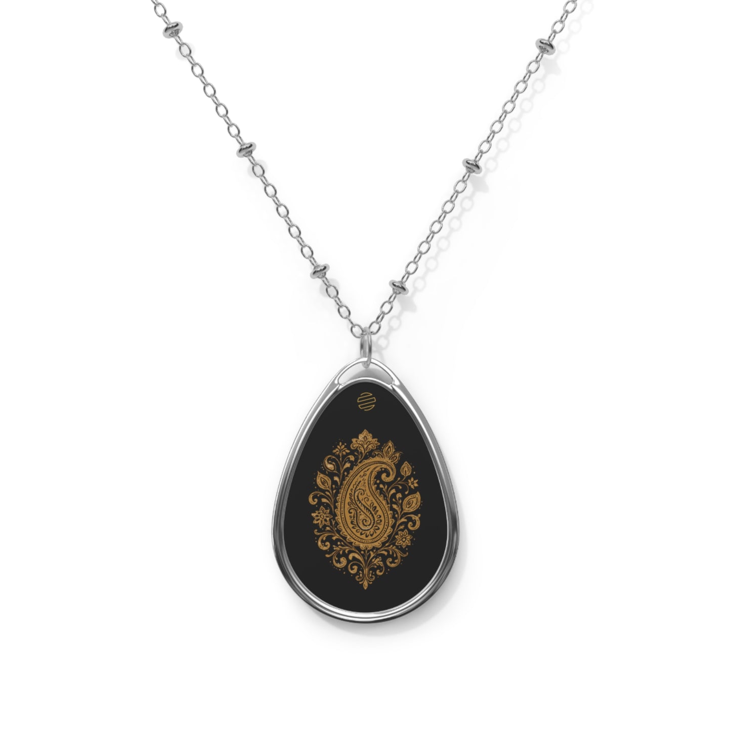 Gold Motif on Black Teardrop - Oval Pendant Necklace