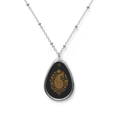 Gold Motif on Black Teardrop - Oval Pendant Necklace
