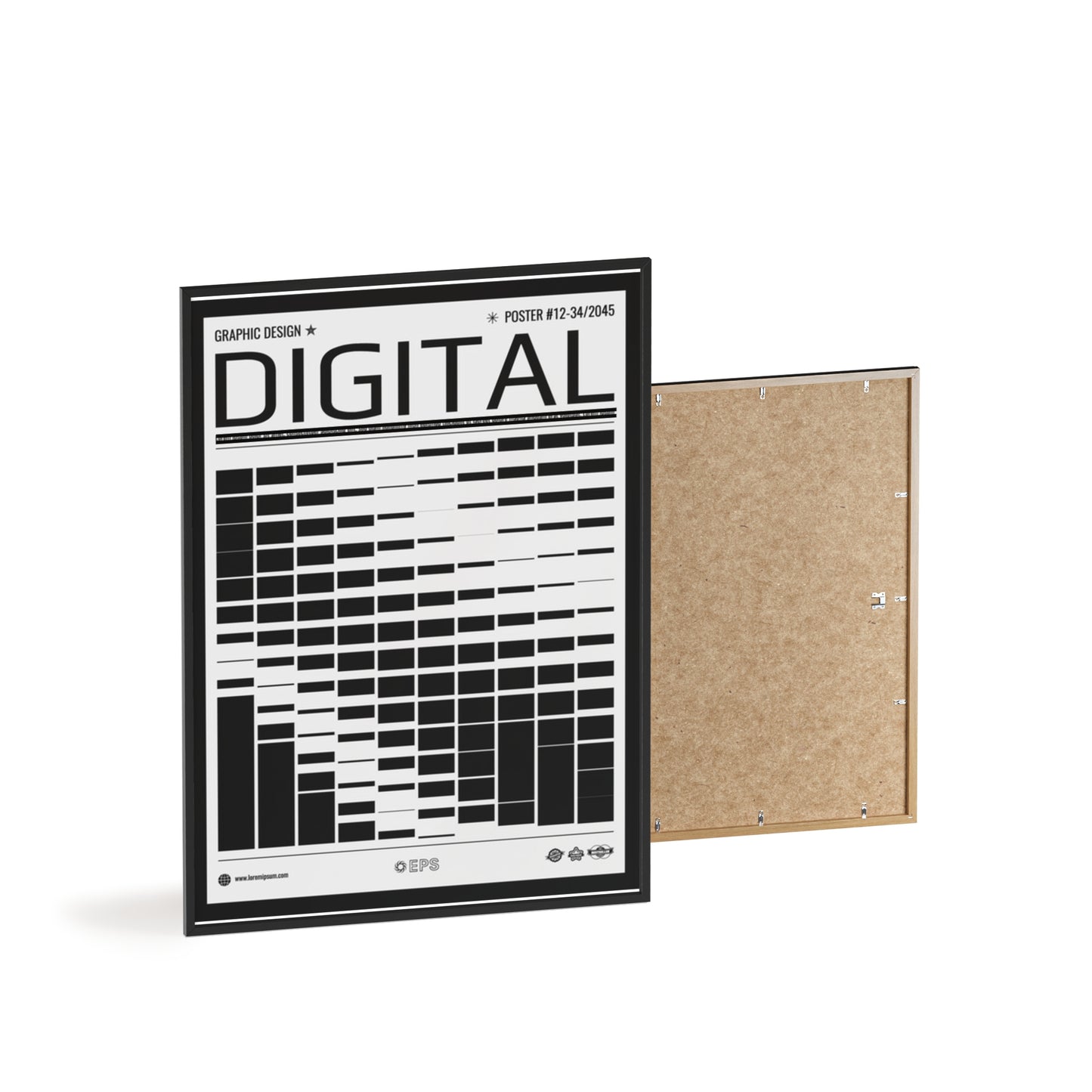 Digital Grid Poster with Wooden Frame — Modern Black & White Wall Art