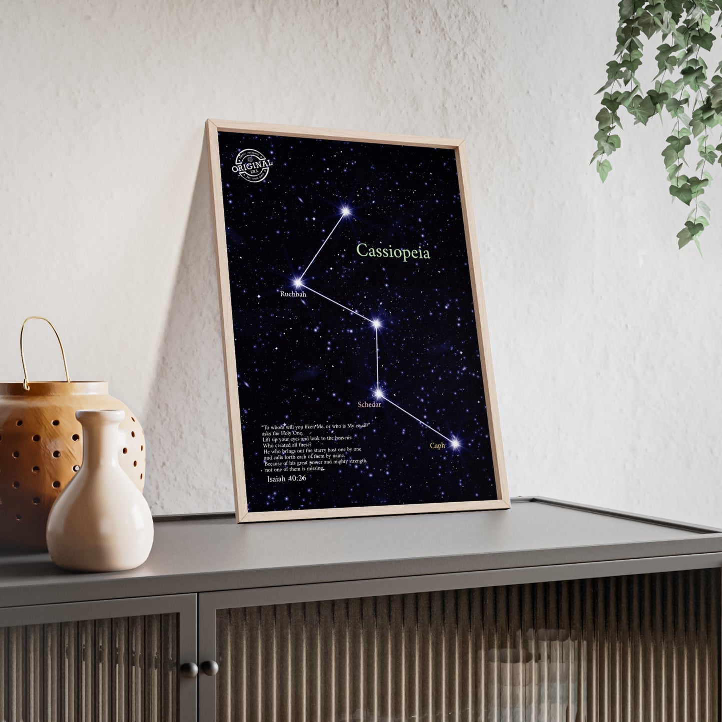 Cassiopeia Constellation Poster with Wooden Frame — Star Map Wall Art