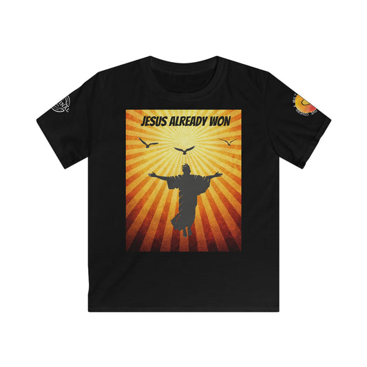 Kids Christian T‑Shirt — "Jesus Already Won / Check the Scoreboard" Graphic Tee