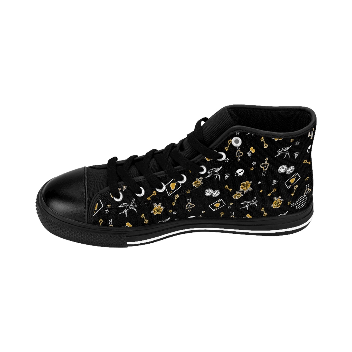 Women's Game Of Love Black Floral Pattern High-Top Sneakers — Gold & White