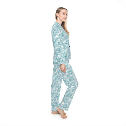 Satin Paisley Women’s Pajama Set – Light Blue Floral Sleepwear